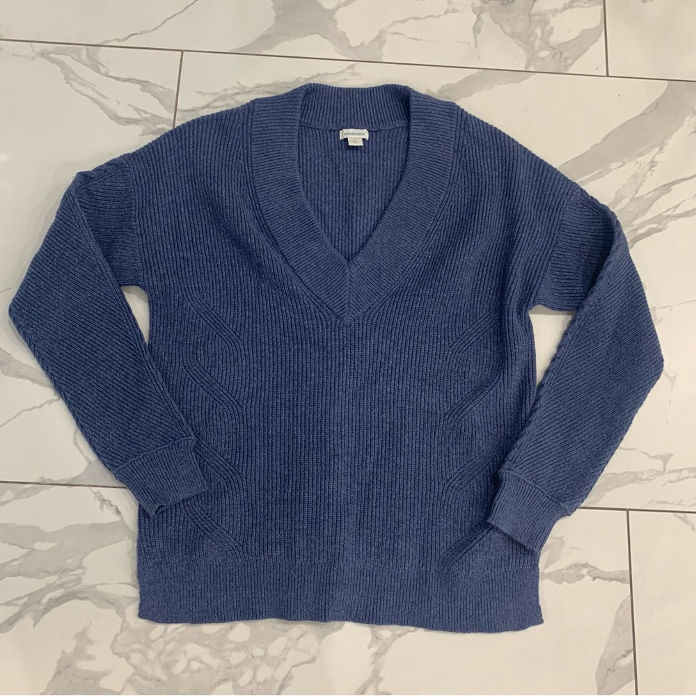 SUNDANCE Sweater Women Sz Small Long Sleeve Cable Knit Blue Drop Shoulder V-neck